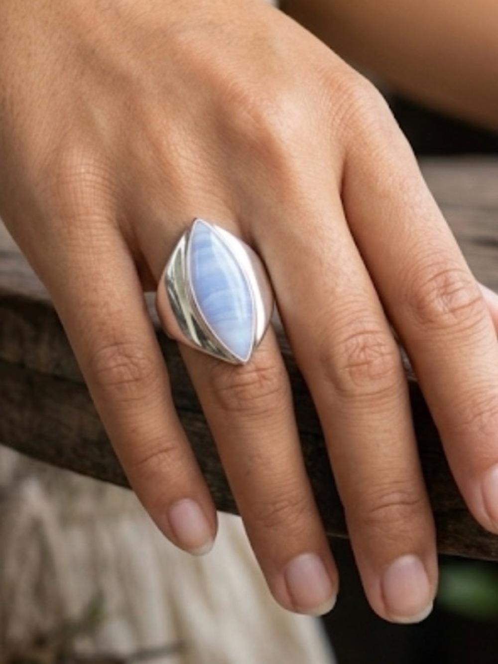 Sterling Silver Blue Lace Agate Size 7.5 Statement Ring Marquise 925 10g